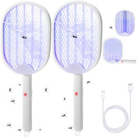 Qualirey 2 Pack 3 in 1 Electric Fly Swatter Foldable 3000V Handheld Mosquito Zapper with USB Rechargeable Base Bug Zapper Racket Fly Killer and Mosquito Trap Lamp Hanging Standing for Indoor Outdoor