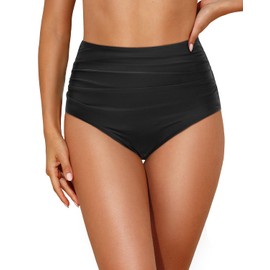 Tempt Me Women Retro High Waist Bikini Bottom Black Ruched Swim Brief Plus Size Bathing Suit Bottom 20W