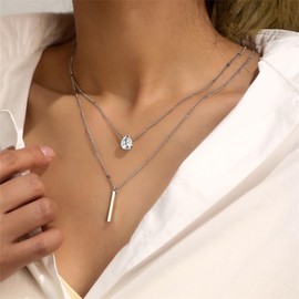 TseenYi Layered Crystal Drop Pendant Necklace Gold Bar Pendant Choker Necklace Vintage Layered Necklace Layering CZ Bar Necklace Water Drop Necklace Jewellery for Women, Zinc