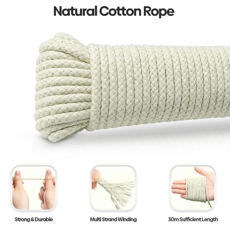 Natural Cotton Clothesline Pulley, Snag & Tear Resistant, 30m X