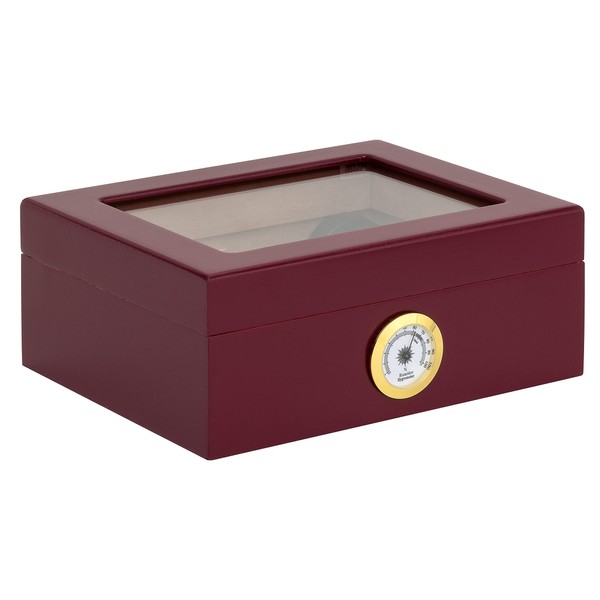 Quality Importers Desktop Humidor, Capri, with Tempered Glasstop, Cedar Divider, and Brass Ring Glass Hygrometer, Holds 25 to 50 Cigars, Red