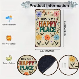 ShxTrade This Is My Happy Place Metal Tin Sign - Vintage Floral Tin Sign Decor for Indoor Outdoor Home Garden Living Room Bedroom Patio Yard Office Cafe Decor 8 X 12 Inch