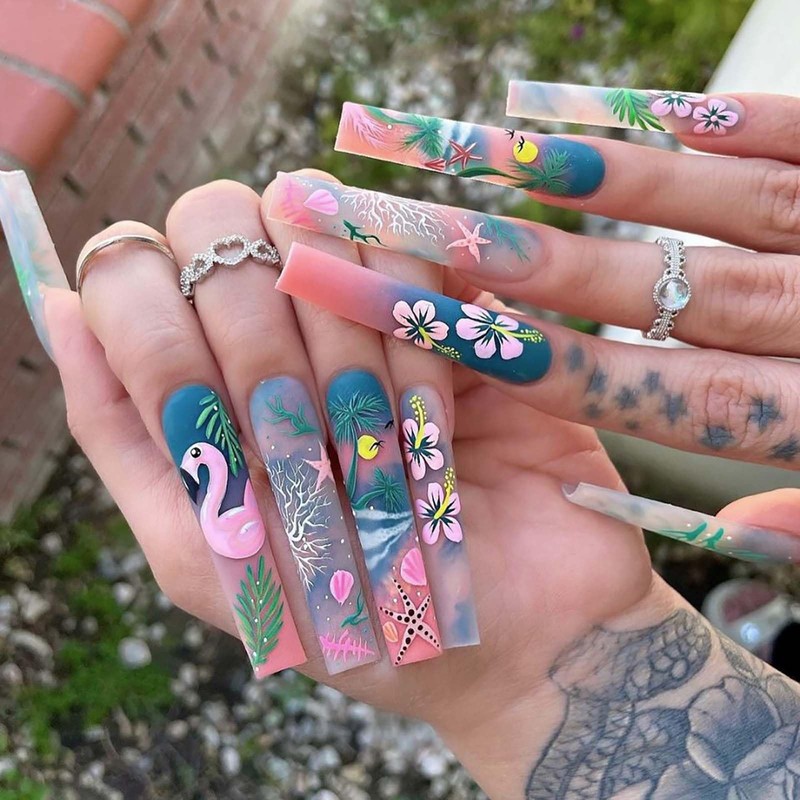 QQPPOLIU Square Long Press on Nails,Fake Nails with Designs,Full Cover