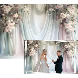 10x8ft Floral Wedding Backdrop Pink White Rose Flowers Bridal Shower Photography Background Light Blue Silk Curtains Decorations Engagement Party Portrait Photo Booth Props