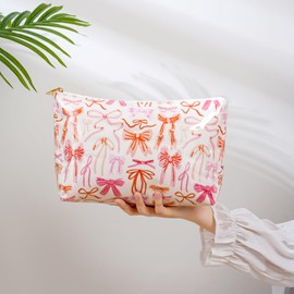 Large Waterproof Travel Sunscreen Makeup Bag with Bow Pattern,Aesthetic PVC Toiletry Bag,Coquette Beach Cosmetic Bag Organizer,Cute Preppy Travel Accessories Essentials for Women and Girls (Orange)