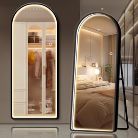 GlasFlength 64"x21" Arched Full Length Mirror with LED Lights, Free Standing Floor Mirror, Full Body Dressing Mirror, Wall Mounted Hanging Mirror for Bedroom, Black