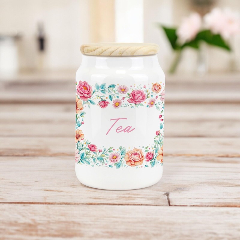 Purely Home Flower Border Ceramic Decaf Tea Storage Canister -