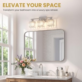 TimberAura Crystal Bathroom Light Fixtures, 3-Light Brushed Nickel, Vanity Lights for Bathroom Over Mirror, Modern Bath Wall Sconce for Mirror Bedroom Living Room