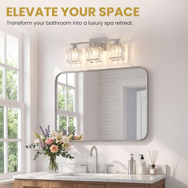 TimberAura Crystal Bathroom Light Fixtures, 3-Light Brushed Nickel, Vanity Lights