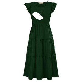 CzzzyL Womens Latched Mama Clothes for Nursing Scoop Neck Front Pleated Ruffle Maternity Dress for Breastfeeding Swing Layering Postpartum Outfits(DeepGreen,X-Large)