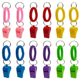 12 Retractable Coil Plastic Whistles, Colorsful Wrist Keychain Sports Whistles, Sports Whistles for Referee, Soccer, Survival Emergency Training