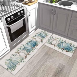 Eucalyptus Leaves Kitchen Rugs, Pumpkin Kitchen Rug, Kitchen Mats for Floor, Kitchen Organization Thanksgiving Kitchen Mat, Fall Runner Rug, Anti-Fatigue Mat Kitchen Floor Mats, 2PC Kitchen Runner Rug