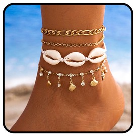 Handcess Boho Layered Anklets Gold Shell Ankle Bracelets Crystal Anklet Chain Seashell Foot Chain for Women and Girls