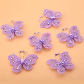 24 Pcs Wire Glitter Butterflies Transparent Mesh Delicate Gemstone Nylon Butterflies Wedding Party Costume Decoration DIY Supplies Wedding Party Table Scatter Craft (Purple)