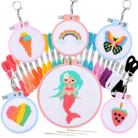 Pllieay 6 Pcs Cross Stitch Kits for Beginners for Kids 7-13, Kids Embroidery Kit Needlepoint Kit Kids Sewing Starter Kit with Instructions for Backpack Charms, Ornaments and Needle Craft