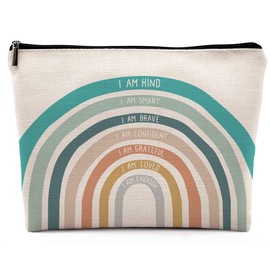 Dwept I am Kind Smart Brave Watercolor Boho Rainbow Cosmetic Bag, Inspirational Quote Makeup Bag Zipper Cosmetic Pouch Bag Travel Linen Makeup Organizer,Positive Affirmation Gifts for Teen Girls Women