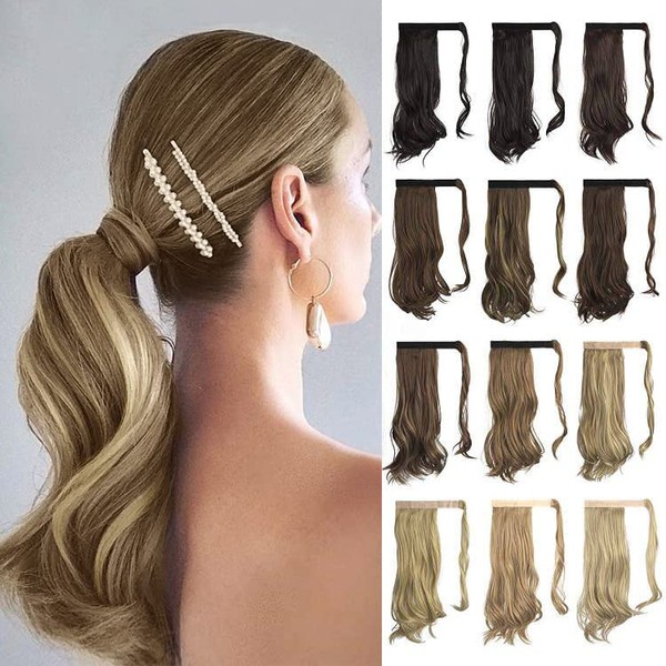 Sofeiyan Curly Ponytail Extension 15 Inch Heat Resistant Synthetic Natural Wavy Hairpiece Wrap Around Pony Tail Hair Extensions for White Black Women Hair Piece, Ash Brown Highlighted Bleach Blonde