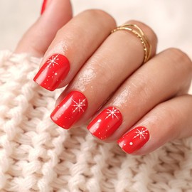 Christmas Press on Nails Short Square Fake Nails stars Design False Nails Gel Glue on Glossy Red Tips on Nails for New Years Gifts DIY 24PCS Merry Christmas