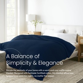 100% Organic Cotton Blanket - Soft Breathable Cotton Waffle Blanket King Size for All Seasons - Luxury 320GSM Cozy Warm Lightweight 100% Cotton Blanket Fairtrade Certified (108x90, Navy)
