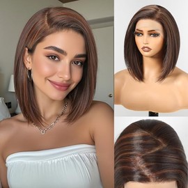 HAIRCUBE Peluca Sintética De Encaje Frontal Hd De 13 X 6 Pulgadas, Color Marrón Con Reflejos, Estilo Bob, Densidad Natural, Recta, Sin Pegamento, Para