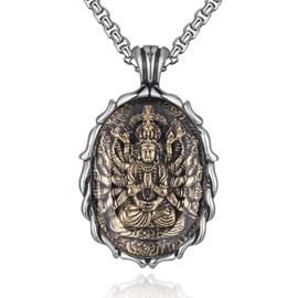 FAZOVIN Buddha Necklace for Men Stainless Steel Pendant Necklace Avalokitesvara Buddha Bodhisattva Amulet Patron Saint, Stainless Steel, crystal glass