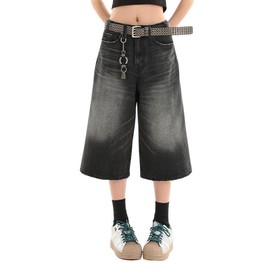 Lafaguw Cropped Jeans for Women Men High Waist Wide Leg Baggy Jorts Y2K Casual Denim Capris Pants Grunge Summer Clothes.(Black1/M)