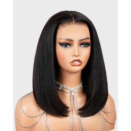 Megalook hair Straight Bob Wig Human Hair 13x4 HD Lace Front Wig Human Hair Pre Plucked with Baby Hair Bleached Tiny Knots 210% Density Lace Closure Wigs Human Hair Natural Black 12 Inch