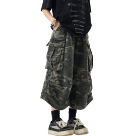 FCOOLYEET Mens Camo Jeans Shorts Y2k Baggy Long Jorts Camouflage Denim Cargo Shorts for Men
