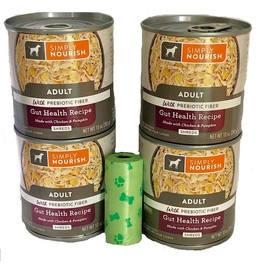 SIMPLY NOURISH Adult Gut Health Recipe Shreds Made with Chicken & Pumpkin. with Prebiotic Fiber Comes in 4-10 OZ Cans/Plus Dog Waste Bag.