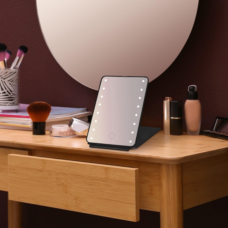 MELANNCO Folding Black LED Vanity Mirror, Dimmable LED Lights, Compact