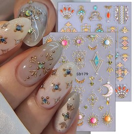 2 Sheets Embossed Gold Nail Stickers for Nail Art 5D Self-Adhesive Bohemian Style Nail Art Stickers Moon Star Nail Decals Bohemia Nail Design for Women DIY Nails Decoration Supplies