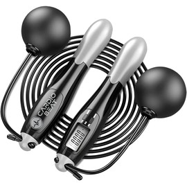 Cardio Beat Cuerda para Saltar con Contador Digital, Pantalla LCD de 4 Funciones, 2.8m de Longitud, con Bolas Ponderadas de 3cm, Color Negro y Gris