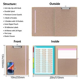 Clipboard Folio with Storage Clipboards Padfolio Notebook for Letter Size (11" x 8.5"), Clipboards with 10 Pockets and 5 Folders Nursing Teacher School Essentials (Pink)