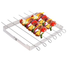 BRAVECOW Skewers Rack Set Barbecue Skewers Stainless Steel BBQ Kebab 6-Pack Metal Skewers for Kebabs Reusable Metal Sticks 35 cm with Foldable Shish Kebab Rack