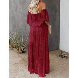 HOYISHION Womens Off Shoulder Floral Lace Maxi Wedding Dress Boho Burgundy Brides Bridesmaid Party Maternity Dresses