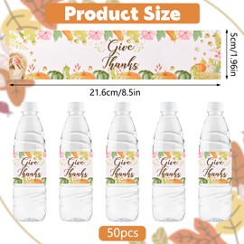 URROMA 50pcs Give Thanks Water Bottle Labels, Happy Thanksgiving Day Self Adhesive Stickers Wrappers Wrap Around Party Decoration Stickers