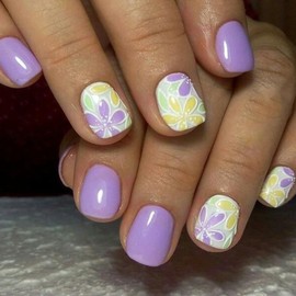 24Pcs Purple Press on Nails Short Square WLGDLH Fake Nails with Purple Yellow Flowers Designs False Nails Full Cover Stick on Nail Spring Glue on Nails Acrylic Nail for Women Daily Wear