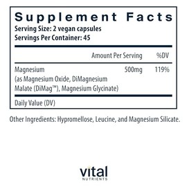Vital Nutrients Triple Mag 250 Magnesio Absorción Mejorada Metabolismo Contiene Óxido Malato Glicinato Cápsulas Vegetarianas Por Botella