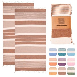 MOMOMUS Pack of 2 Fouta XL or Beach Towel Cotton 100% - Absorbent, Ultra Soft, Compact - Ideal as a Beach Towel, Hammam Towel and Sauna Towel - Brown, 90 x 180 cm