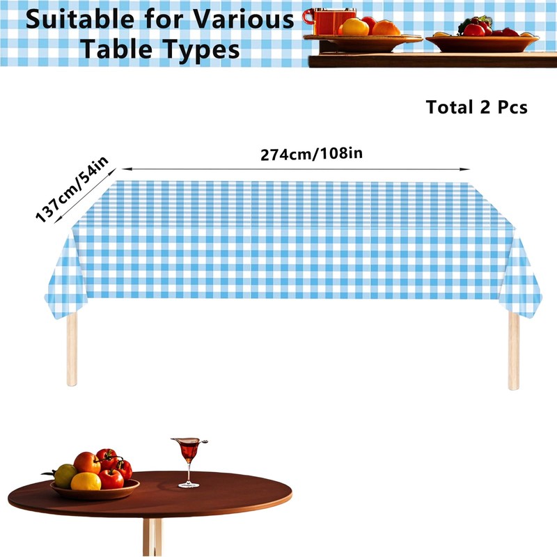 2pcs Light Blue and White Checkered Disposable Tablecloth Table Covers,137