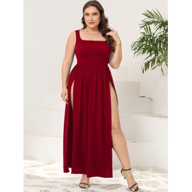 SILUI Women's Square Neck Double High Slit Summer 2025 Sexy Plus Size Sundresses Thigh Split Club Party Maxi Dresses Wine Red