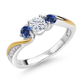 Gem Stone King 925 Silver and 10K Yellow Gold Moissanite Blue Created Sapphire and Lab Grown Diamond 3 Stone Engagement Ring For Women (0.54 Cttw, Available In Size 5, 6, 7, 8, 9)
