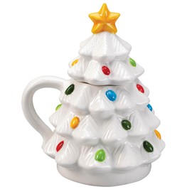 Ceramic Christmas Tree Mug with Lid - White Design, Festive Holiday Design for Warm Beverages - Unique Gift Idea - Easy-to-Hold Handle - 7" Tall - Hand Wash