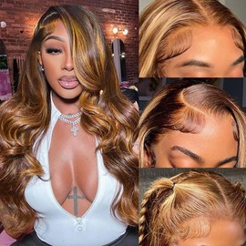 SPOU 34 Inch 13x6 Omber Lace Front Wig Human Hair 180 Density Body Wave HD Lace Front Wigs Honey Blonde Wig Glueless Wigs Pre Plucked for Women