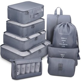 Mossio 9 Set Packing Cubes with Shoe Bag & Electronics Bag - Luggage Organizers Suitcase Travel Accessories - Color: Grey