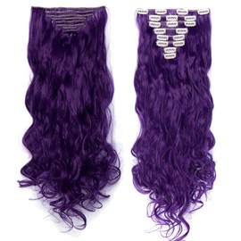 S-noilite 24 Inches Long Curly Full Head Clip in Synthetic Hair Extensions 8pcs 170g (24"-Curly, Black Purple)