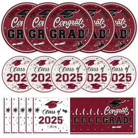 Litmitfu 150 Pcs Graduation Plates and Napkins 2025 - Maroon Congrats Grad Class of 2025 Paper Dessert Dinner Plates Napkins Set for Graduation Party Decorations Supplies Table Decor, Serves 50
