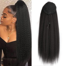 SAKALAKA Ponytail Extension Drawstring Human Hair Clip in Pony Tail Hair Extensions for Black Women Curly Wave Thick Hair Natural Looking Hair Pieces Kinky Straight Human Hair Ponytail（16Inch）