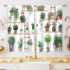 oolygoo Boho Plant Floral Kitchen Curtains, Flower Plant Small Window Treatment, Green Leaf Cafe Short Window Curtains for Bathroom Dining Laundry Room, Farmhouse Nature Botanical Drapes 27.5x39 inch