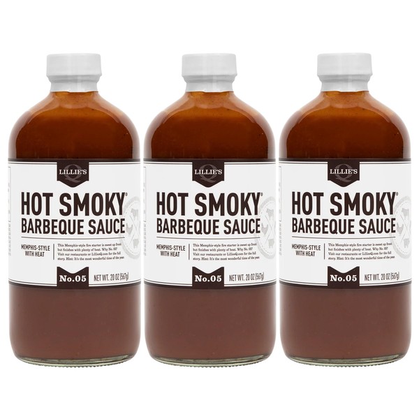 Lillie’s Q - Hot Smoky Barbeque Sauce, Gourmet BBQ Sauce, Sweet Brown Sugar BBQ Sauce with Spicy Cayenne, Mild Smoky Flavor, Premium Ingredients, Made with Gluten-Free Ingredients (20 oz, 3-Pack)